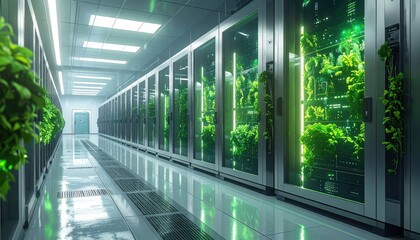 A modern data center displays sleek metallic server racks, illuminated with vibrant green plant life, showcasing a sustainable and technologically advanced facility.