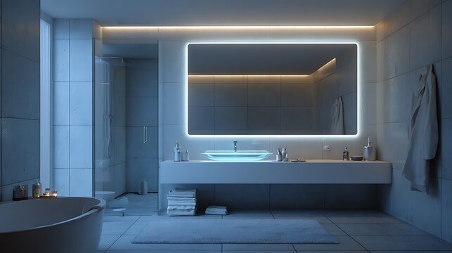 Modern bathroom design with led mirror lighting and glass sink in minimalist interior style decor ideas