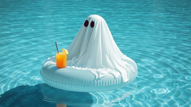 Ghostly figure relaxing on pool float with refreshing orange beverage