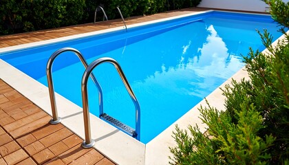 Sparkling blue swimming pool with wooden deck
