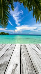 Tropical beach boardwalk scene