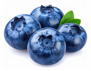 Obraz premium Close-up of four fresh blueberries with leaves