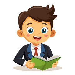 Young boy in suit reading a book isolated on transparent background