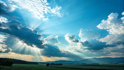 Dramatic sun rays break through dramatic clouds over rolling hills and landscape