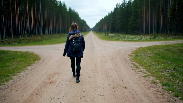 Woman walking down a diverging forest path