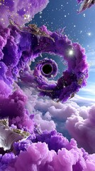 Spiral nebula with black hole at its center, purple clouds in space