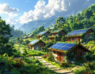 A picturesque mountain village nestled in lush greenery, with homes boasting sustainable solar panels, bathed in warm sunlight.