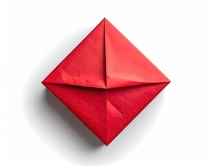Red origami box, diamond shape, folded creases, isolated on white
