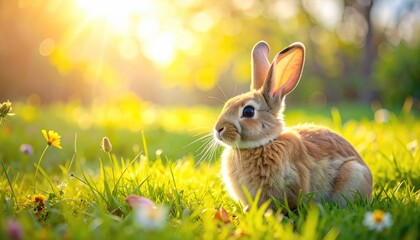 Golden Rabbit in Sun Drenched Meadow with Wildflowers and Long Ears under Golden Light, Captivating Animal Portrait with Soft Focus Green Grass Background