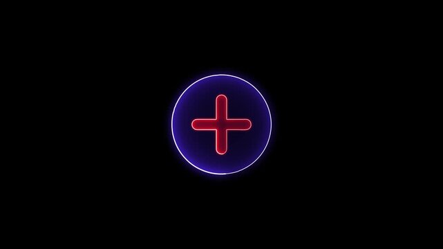 Linear neon animation of blue plus in circle with dynamic glowing neon sign plus animation on black background.