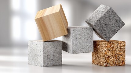 Stacked cubes, wood and stone textures, bright, blurry background in studio