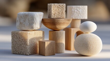Stacked, textured geometric shapes display neutral tones in soft lighting