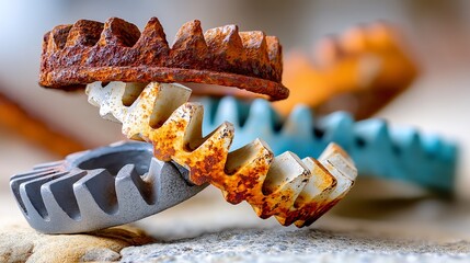 Stacked rusty & clean gears rest on stone surface, abstract industrial composition