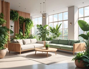 A bright, airy living area furnished with light-colored sofas and a round wooden coffee table, surrounded by lush green houseplants and bathed in natural light.