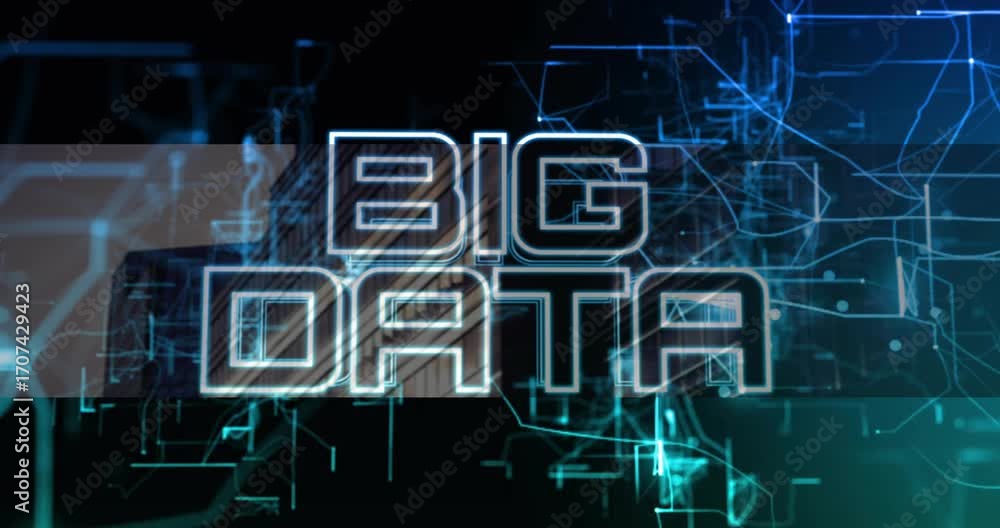 Poster digital glitch sending circuits across wall as neon letters forming big data illustrating network