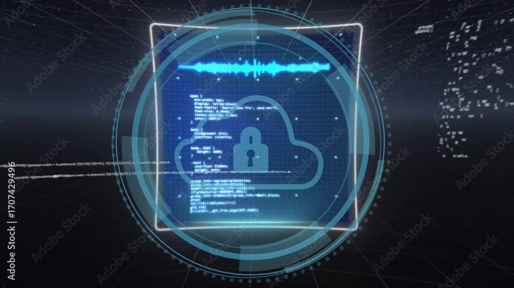 Aufkleber shield icon appearing starting panel sliding hud expanding code streaming for cybersecurity display