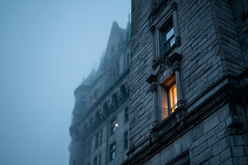Gothic-style building in twilight fog, mysterious illumination in one window, 