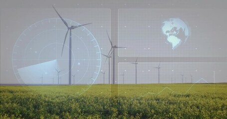 Overlay fading starting radar wedge spinning over turbines while globe rotating showing wind data - Powered by Adobe