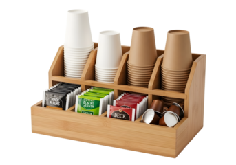 Wooden organizer with coffee cups, tea bags, and coffee pods is ready for beverage service isolated on transparent background