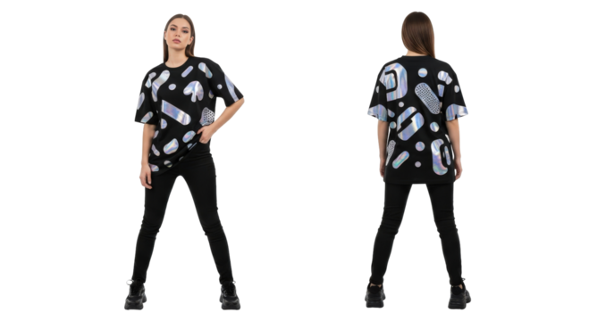 Woman wearing black and white abstract print t-shirt.