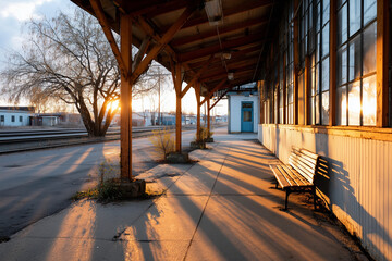 Abandoned train station at dusk, shadows stretching, cinematic light,