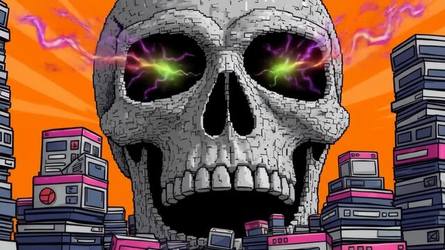 Menacing Skull with Glowing Eyes Emerging from Tech Debris, Digital Cartoon Illustration of a Skeletal Face Surrounded by Computer Equipment