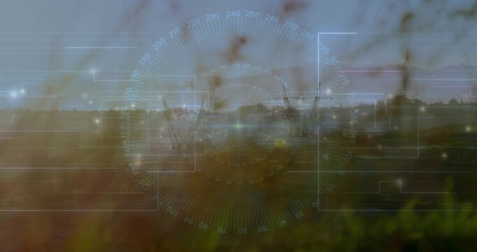 Sequence opening with grasses and branches filling frame, HUD scanning, identifying towers emerging
