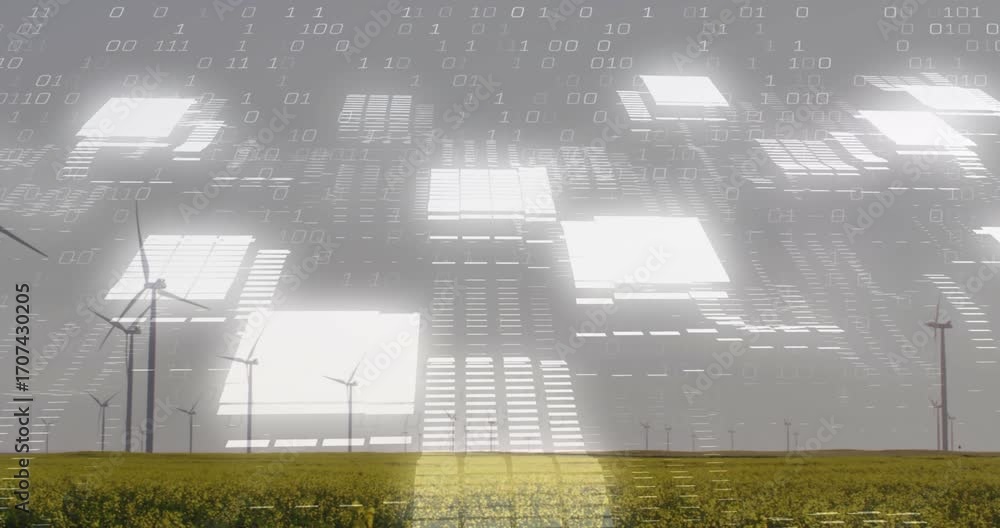 Poster Glowing panels materializing above wind farm drifting down to form binary code grid tracking energy