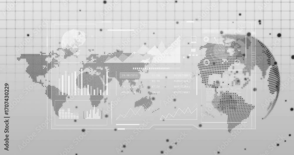 Poster opening with map overlaying grid, chart elements animating, globe rotating visualizing data trends