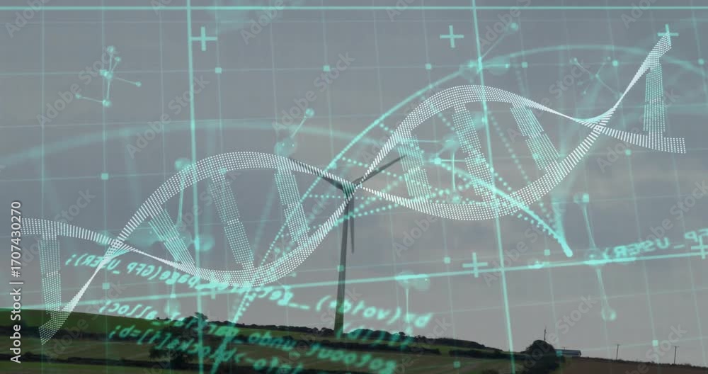 Poster opening hillside showing wind turbine blades rotating while pulsing dna helix visualizing data flow