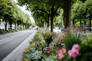 Obraz premium Wide boulevard with green median full of trees and flowers, sustainable city planning, 
