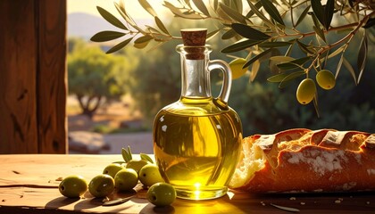 olive oil bottle with green leaves