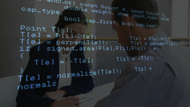 Technology team watching code overlay showing API requests, man explaining, woman writing notes