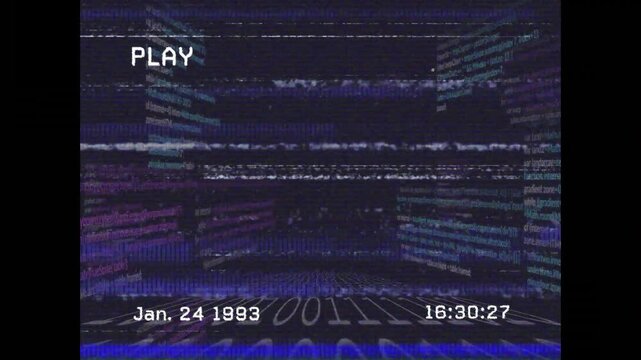 Opening with VHS PLAY overlay, corridor sweeping static and flickering code showing steady playback