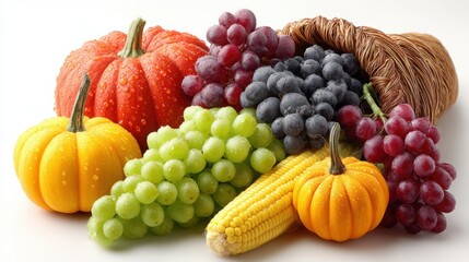A festive arrangement showcases autumn's bounty with pumpkins, grapes, and corn, evoking a sense of harvest and abundance for Thanksgiving celebrations.