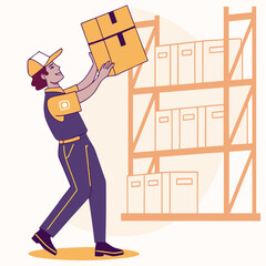Warehouse logistics illustration showing worker lifting package near storage shelves, symbolizing inventory management, supply chain, and distribution process in modern style.