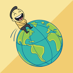Happy cartoon boy sitting on Earth globe illustration symbolizing global joy, travel, international unity, world happiness, and positive lifestyle concept.