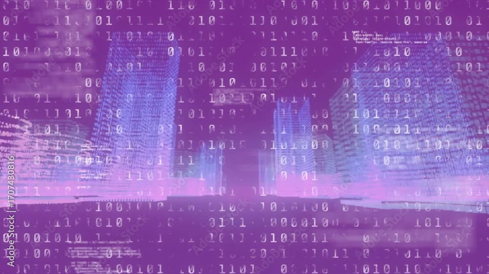 Aufkleber on fading into view, neon city skyline pulses with drifting binary digits to show data growth