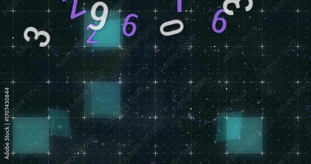 Aufkleber While cyan bar sweeping, rotating digits cluster drifting upward and fading to reveal grid