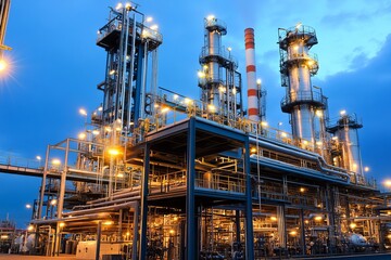 Fototapeta premium Industrial plant at twilight, illuminated by numerous lights. Complex array of pipes, towers, and platforms