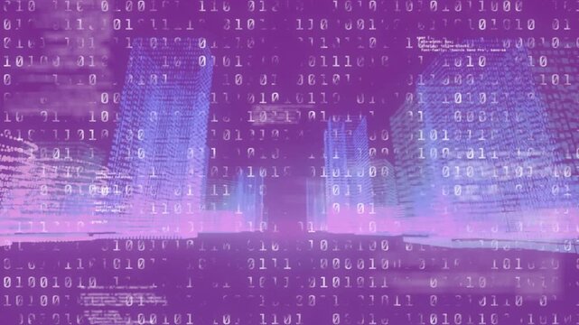 On fading into view, neon city skyline pulses with drifting binary digits to show data growth