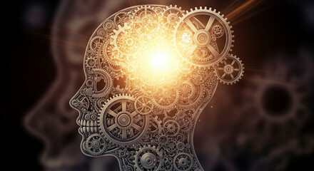 Fototapeta premium Symbolic illustration of human head with gears and glowing light symbolizing intelligence, problem solving, and creative thinking