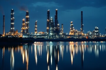 Naklejka premium Industrial complex at night, reflected in water