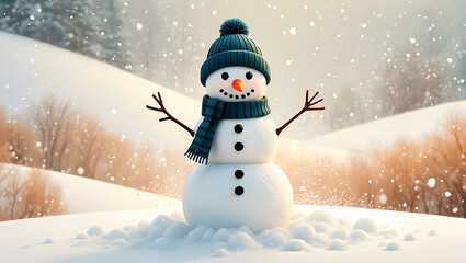 Fototapeta premium Joyful snowman wearing a green hat and scarf standing in a snowy winter landscape with falling snowflakes