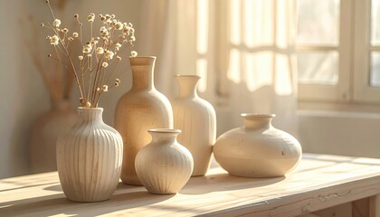 Several light beige ceramic vases with dried flowers sit on a wooden table near a window, bathed in warm sunlight.
