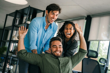 Success group of multiethnic entrepreneurs and business people achieving goals in corporate office