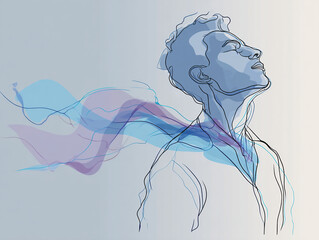 Abstract Line Art of Person Breathing with Flowing Colorful Air