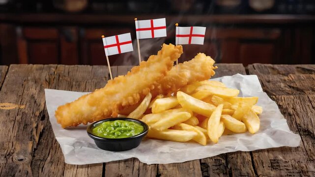 Traditional British fish and chips steaming hot with crispy golden batter, thick cut fries and mushy peas served on rustic wooden table with England flags and cinematic movement for appetizing video