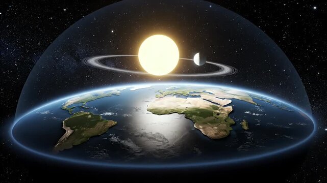 Visualizing a Conceptual Flat Earth Model with Sun Moon and Protective Dome Enclosing a Detailed Earth View Against a Starry Space Backdrop