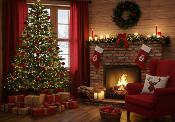 Cozy Christmas Living Room with Tree, Fireplace, and Gifts